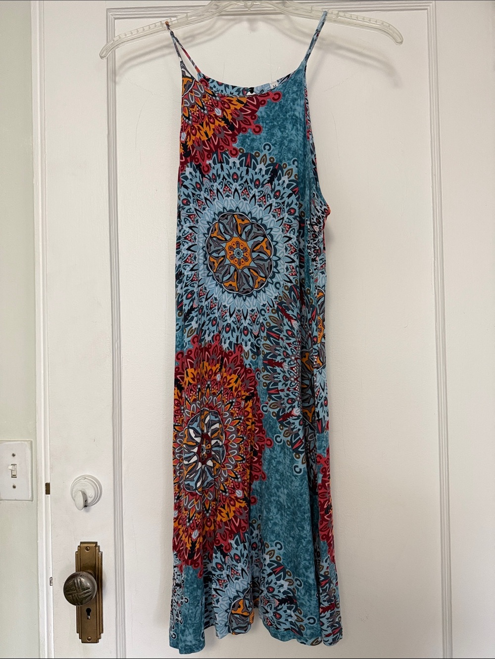 Blue Summer Sundress with Red & Orange Medallion Print